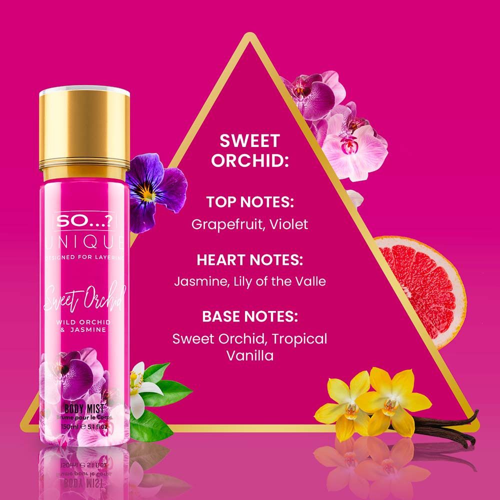 Vaporisateur corporel rose avec bouchon doré. Inscription: So Unique, Sweet Orchid, Body Mist. Notes: Pamplemousse, vanille.