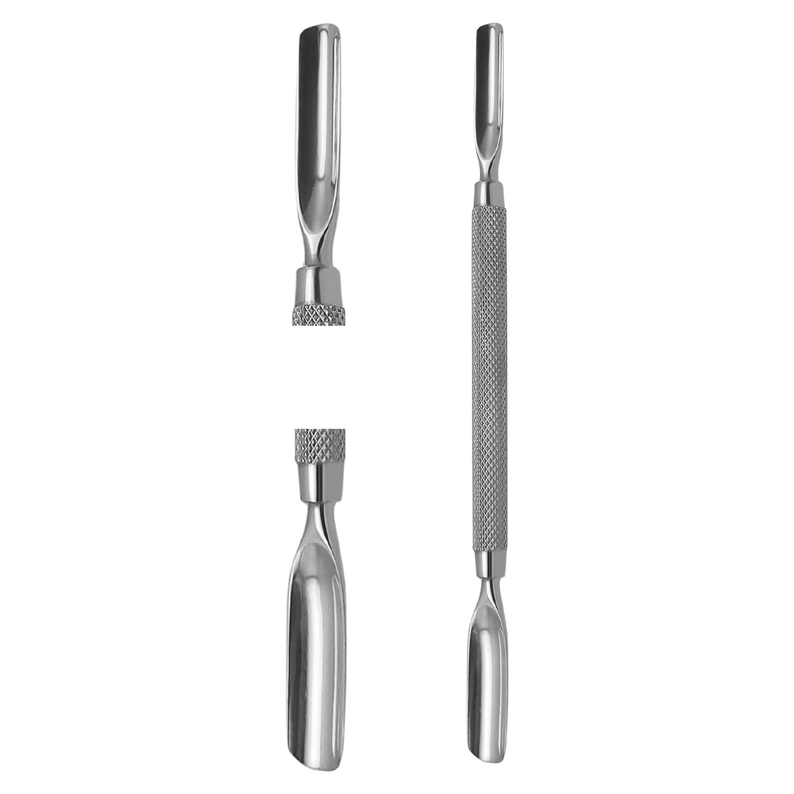 Coupe-cuticules double face et deux outils séparés. Acier inoxydable, manches moletés. Différentes extrémités.