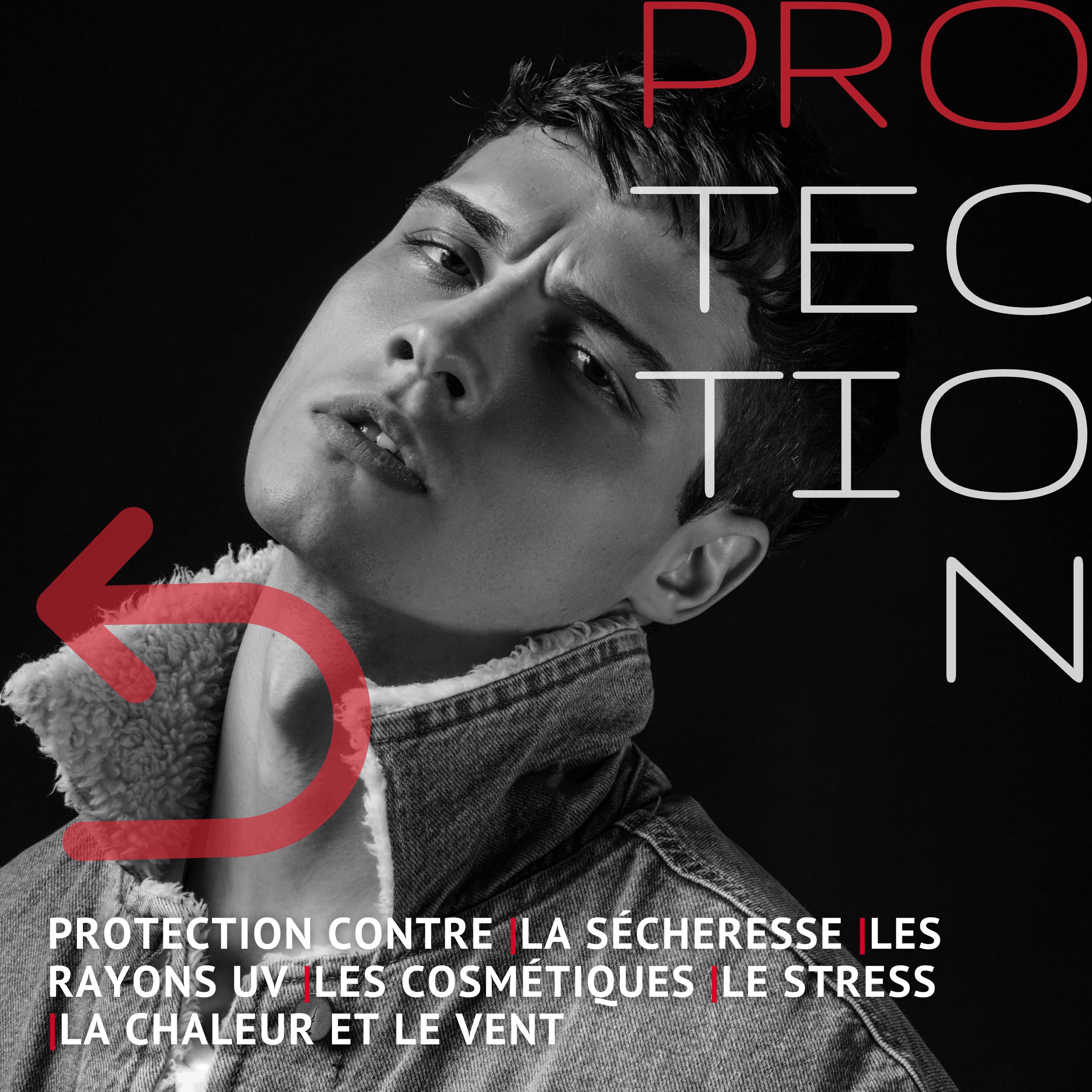Homme sur fond noir. Texte: Protection contre la sécheresse, les rayons UV, les cosmétiques, le stress, la chaleur et le vent.