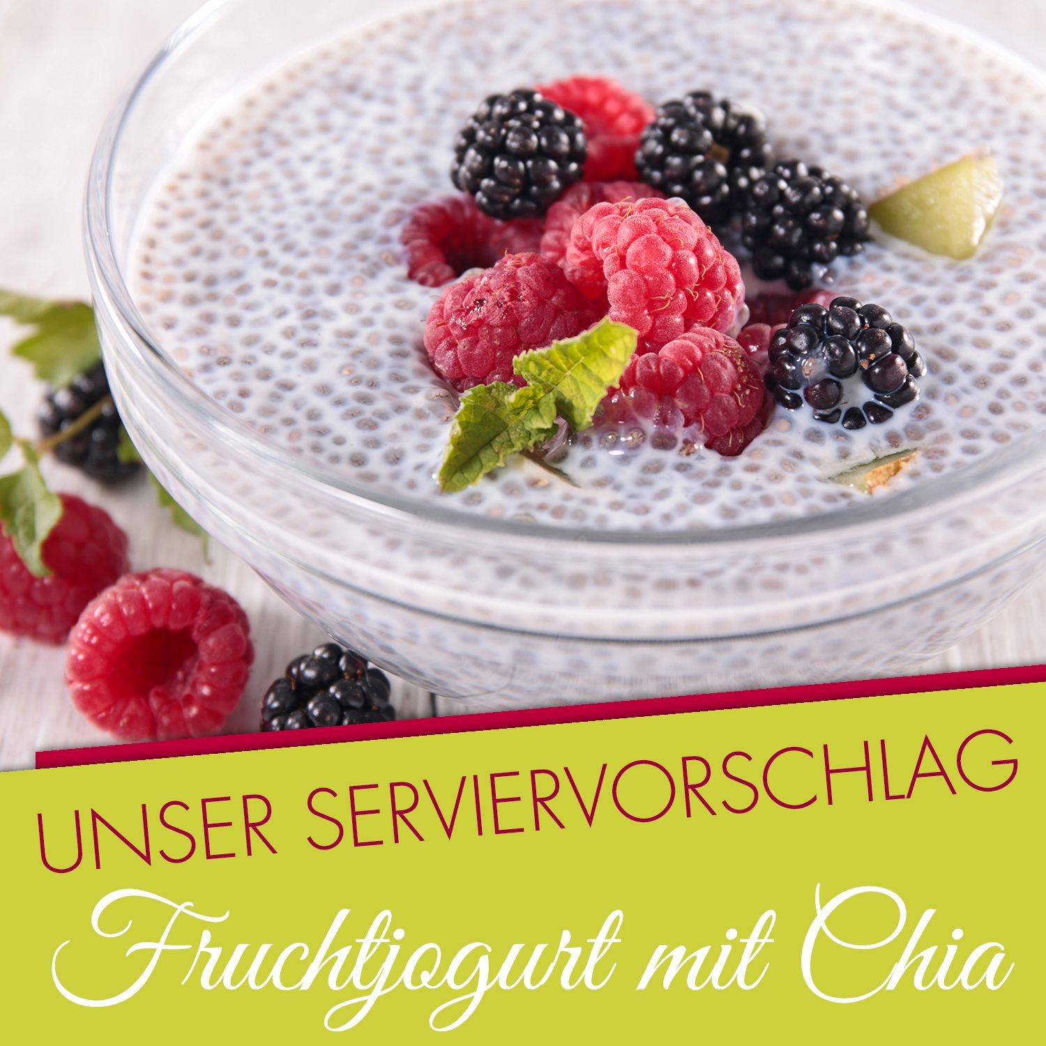Bol en verre avec yaourt aux fruits et graines de chia. Décoré de framboises, de mûres et de menthe. Suggestion de présentation.