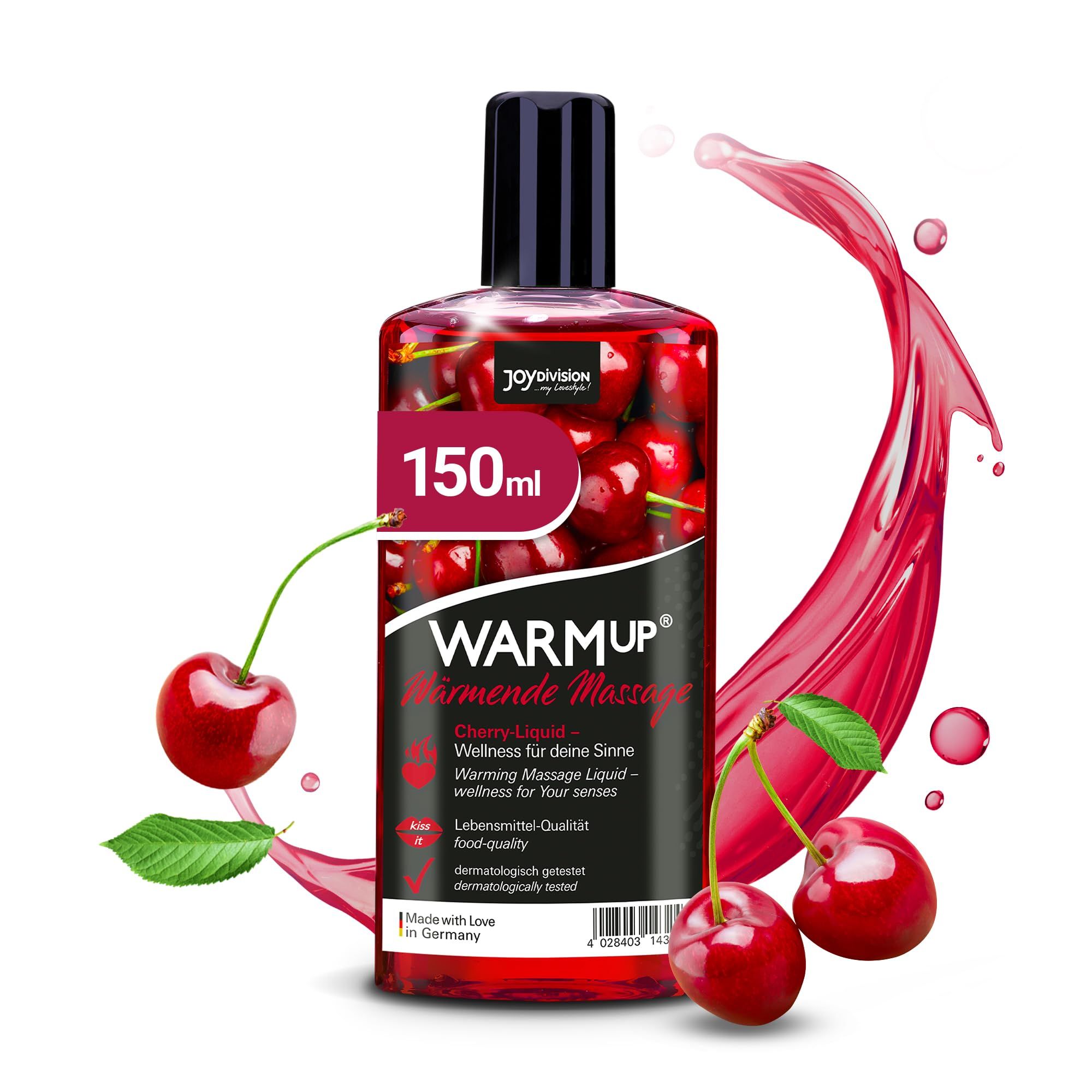 Fles kersenmassageolie, 150ml, met kersen en spatten.