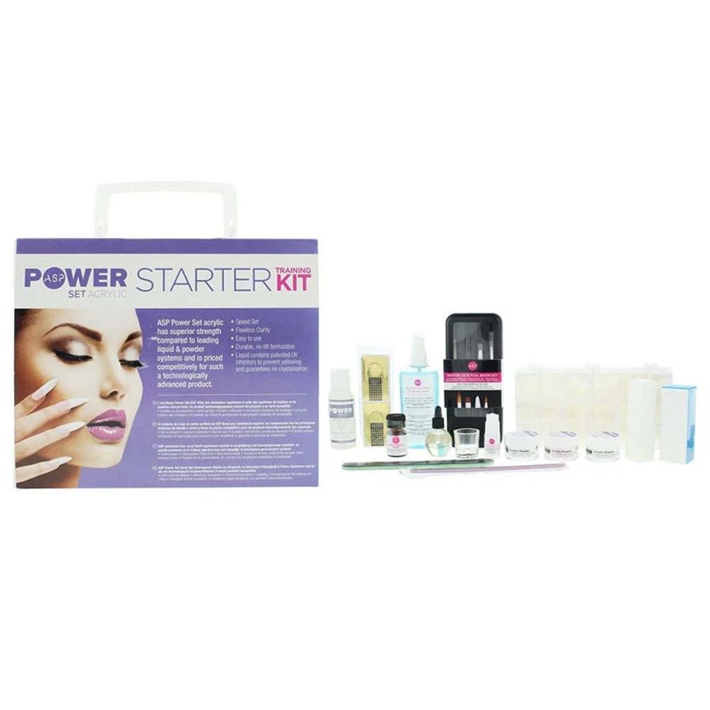 Kit de démarrage ASP Power Set. Mallette violette avec poignée, image du produit et texte. Divers flacons, récipients, pinceaux et faux ongles.