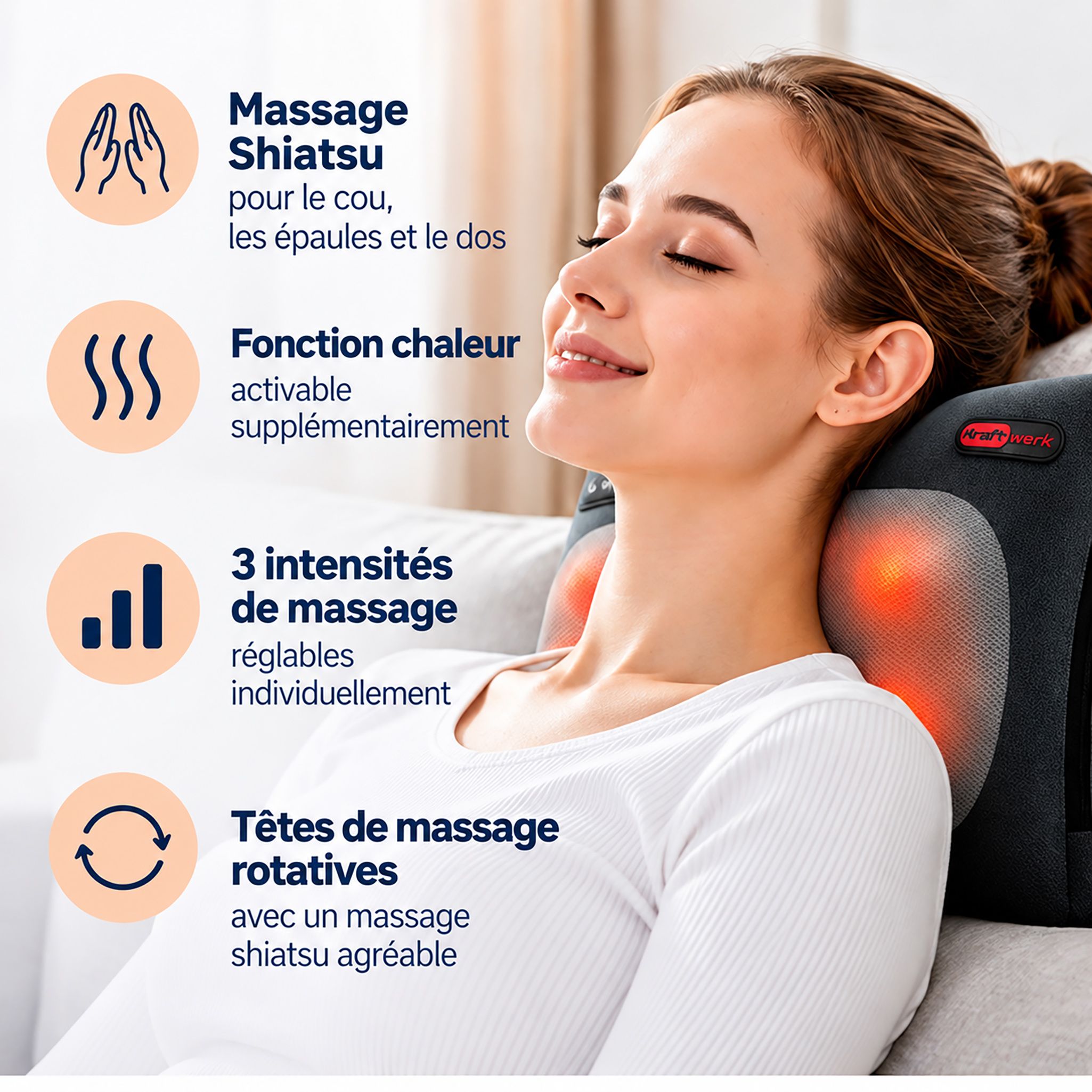 Coussin de massage Shiatsu gris avec quatre têtes de massage lumineuses, posé sur un fauteuil.