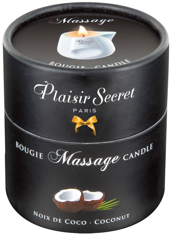 Cilindrische verpakking met massagekaars. Opschrift: Plaisir Secret PARIS, Bougie Massage Candle, Kokosnoot.