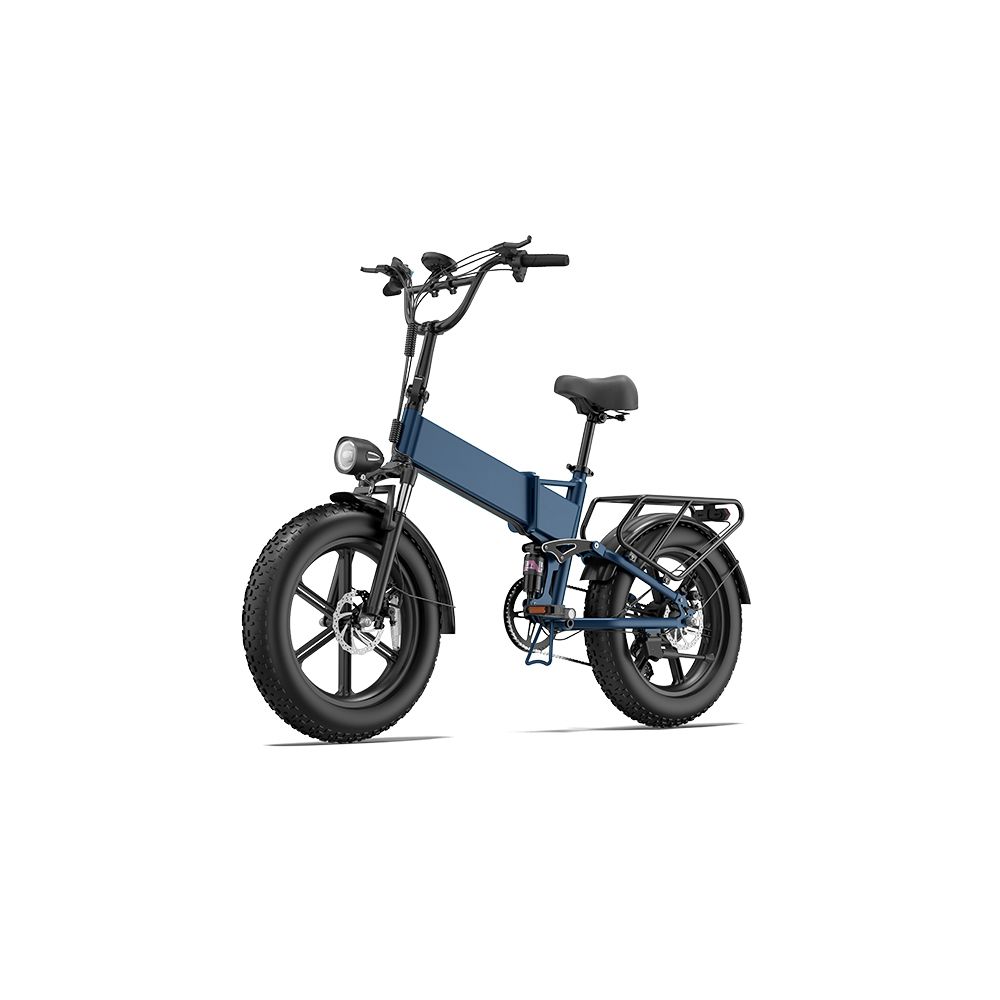 Vélo électrique pliable, vue latérale. Pneus noirs, porte-bagages, selle. Conception de cadre bleu. Sur fond blanc.