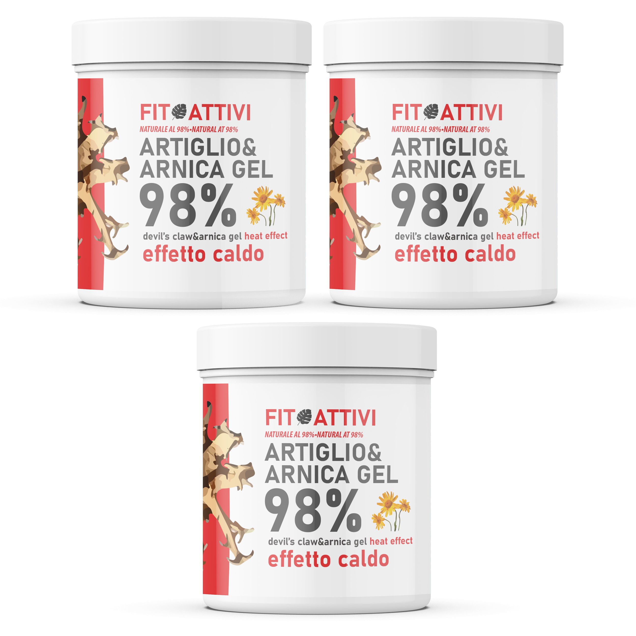 Drie witte potten met rode streep. Opschrift: Fitoattivi Artiglio & Arnica Gel, 98%, effetto caldo.