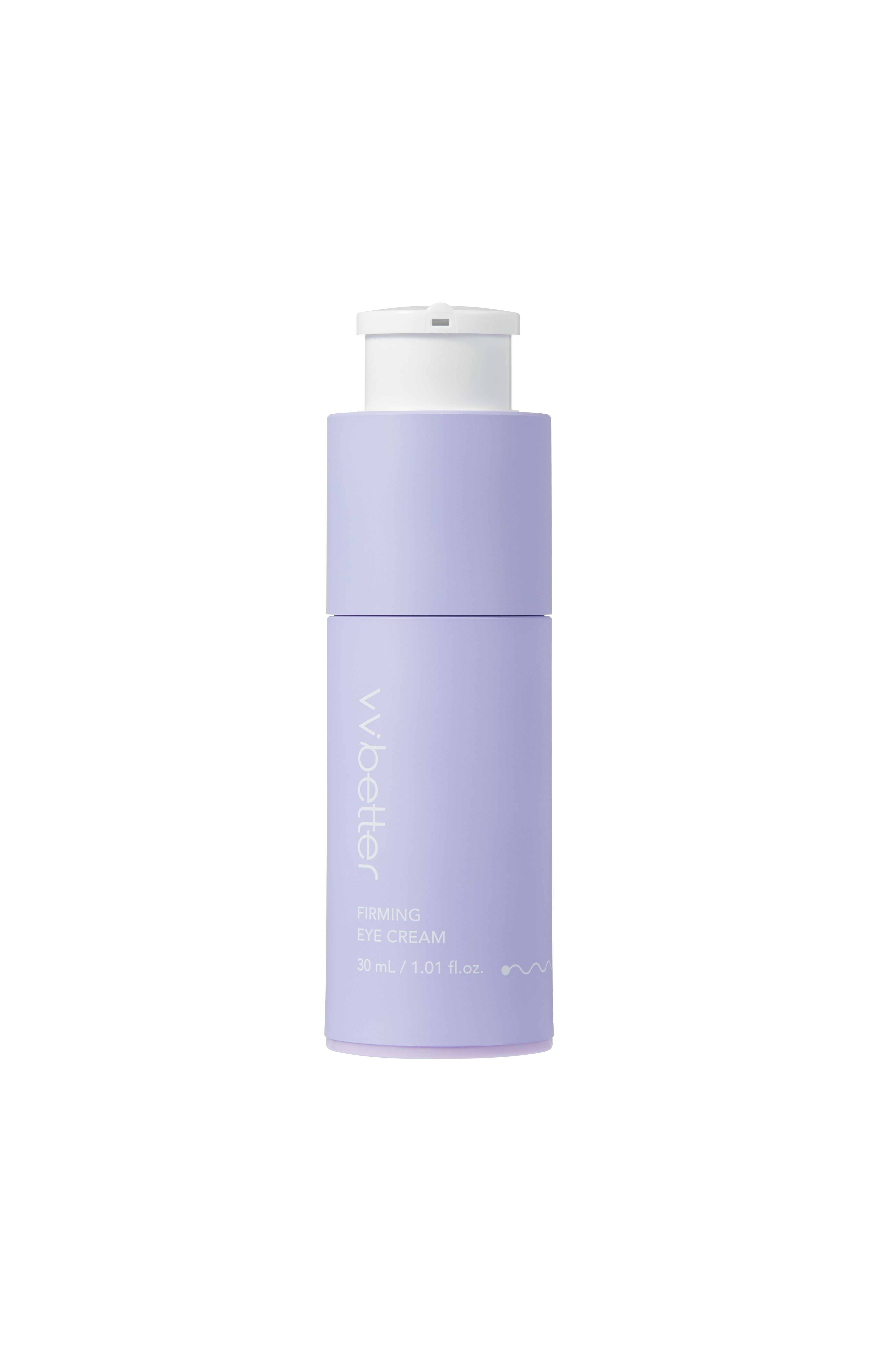 Flacon de crème pour les yeux violet. Bouchon blanc. Inscription : vvbetter, Firming Eye Cream.