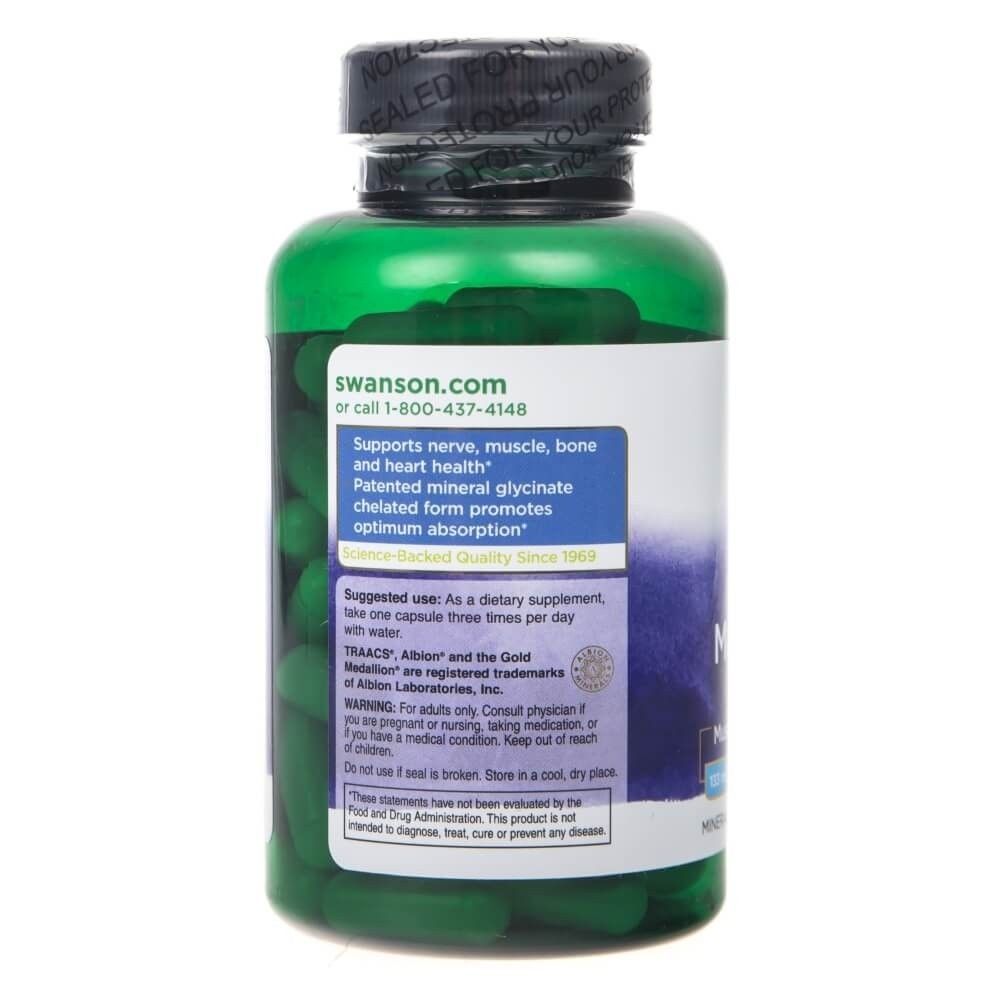 Arrière d'une bouteille verte de capsules Swanson Albion Magnesium Glycinate, avec instructions d'utilisation et informations sur les ingrédients.
