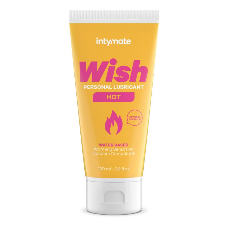 Gele tube met roze tekst. Bevat "Wish Personal Lubricant HOT". Bevat een vlam-symbool en de tekst "Natural Formula".