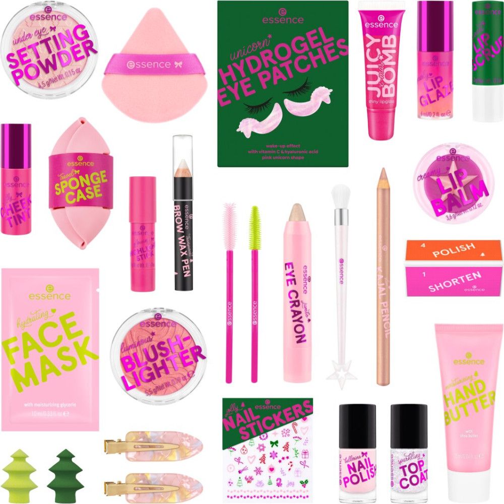 Diverse cosmetica, waaronder poeder, oogpatches, lipgloss en nagellak. Roze en groene elementen.