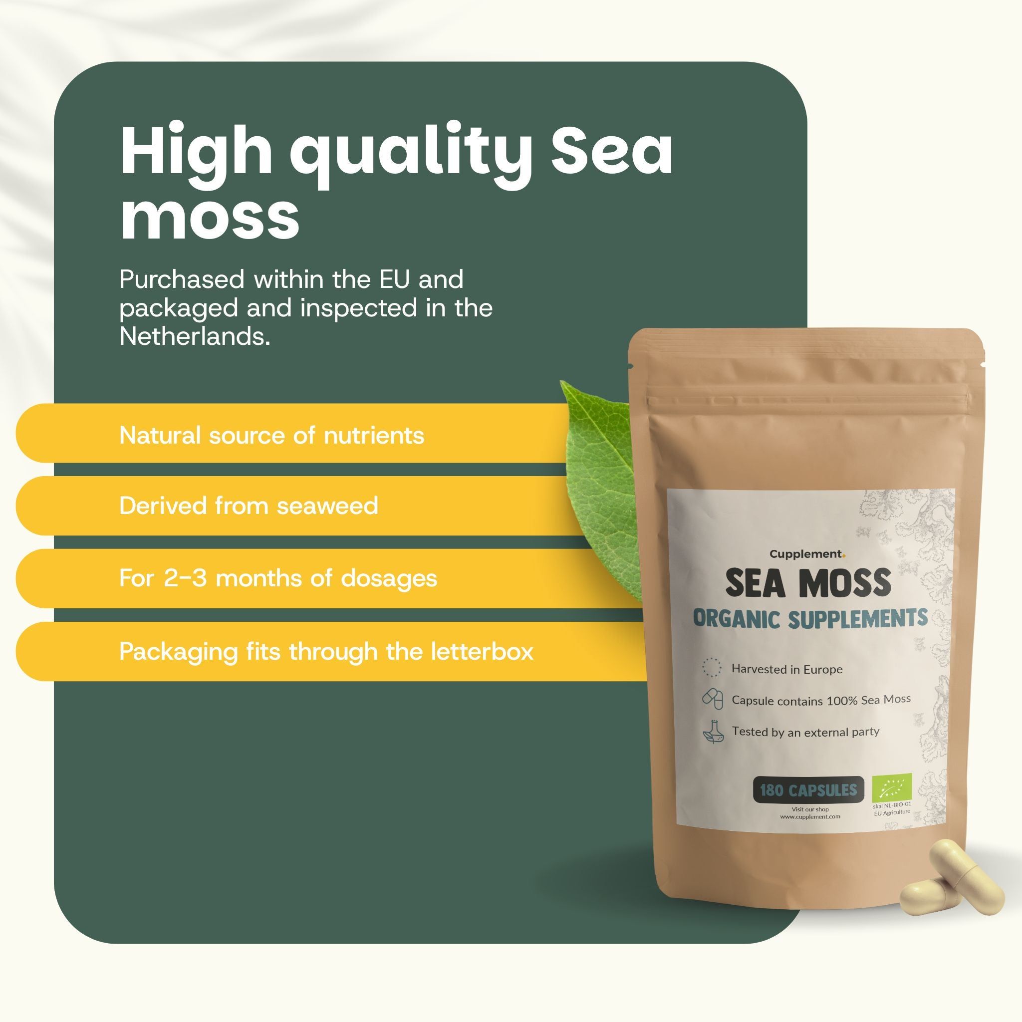 Sachet Sea Moss Organic Supplements. 180 gélules. Emballage brun. Certification bio UE. Dosage pour 2-3 mois.
