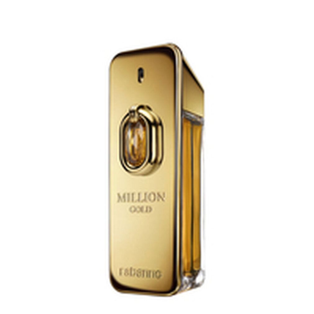 Flacon doré avec l'inscription "Million Gold" et "rabanne". Le flacon a une forme rectangulaire.