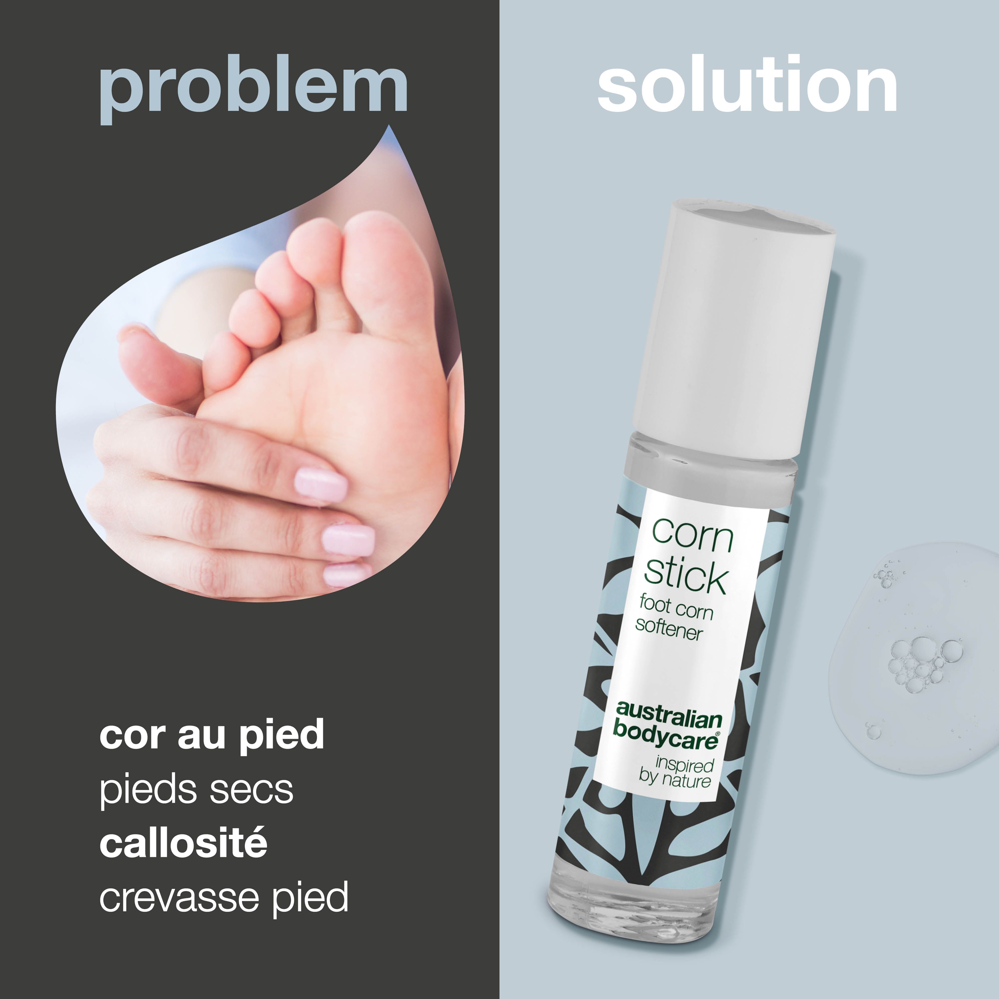 Flacon roll-on avec bouchon blanc. Inscription : corn stick, foot corn softener, australian bodycare.