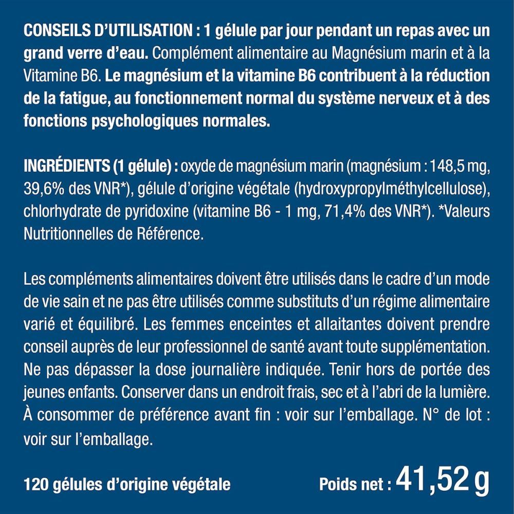 Texte avec informations sur les ingrédients et l'utilisation. Contient un flacon de MAGNESIUM.