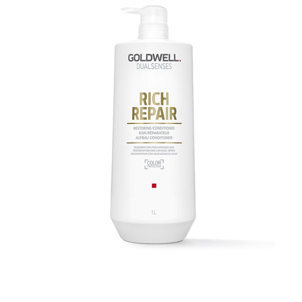 Flacon blanc avec pompe. Inscription: Goldwell Dualsenses Rich Repair Restoring Conditioner. 1L.