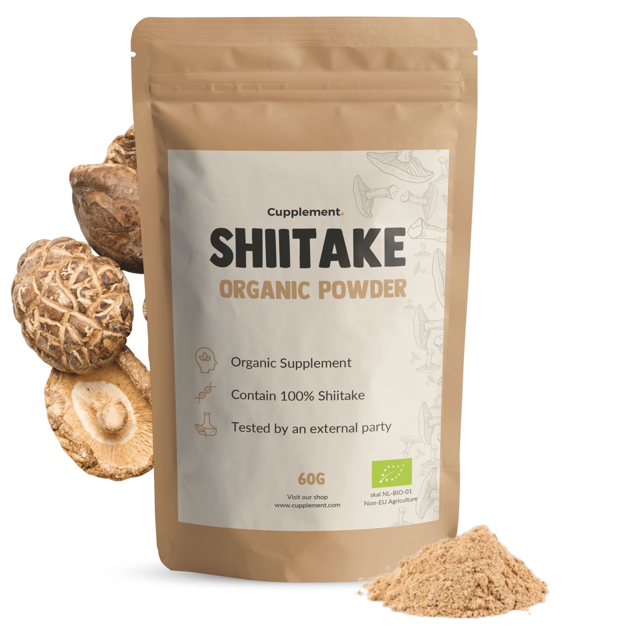 Bruine zak met shiitake poeder. Tekst: Shiitake Organic Powder, 60g. Bio-label. Shiitake paddenstoelen ernaast.