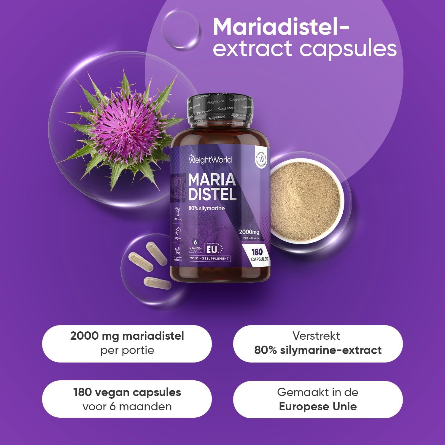Fles met mariadistel-extract capsules, 80% silymarine, 180 vegan capsules.