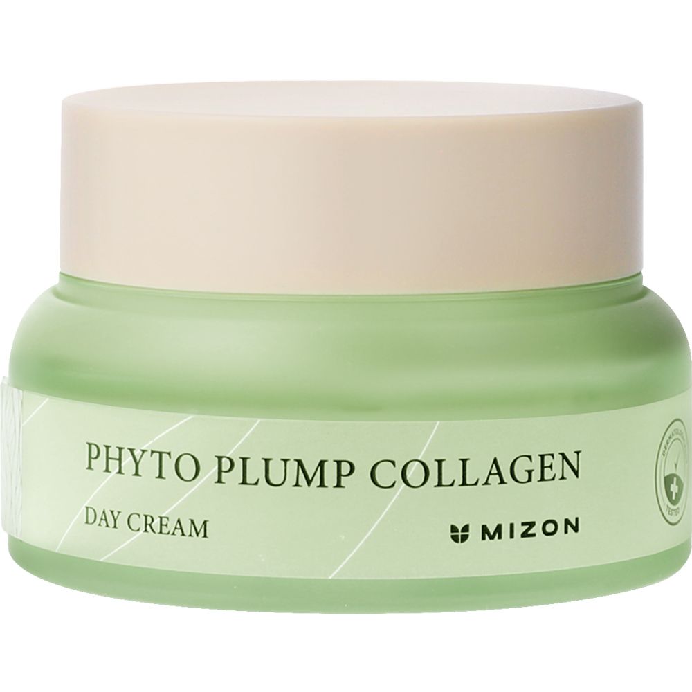 Pot de crème vert avec couvercle beige. Inscription : Phyto Plump Collagen Day Cream. Marque : Mizon.