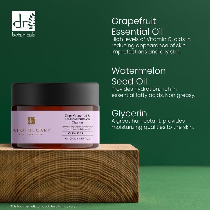 Gel nettoyant Dr. Botanicals pamplemousse, pastèque et glycérine. Pot en verre sur bois.