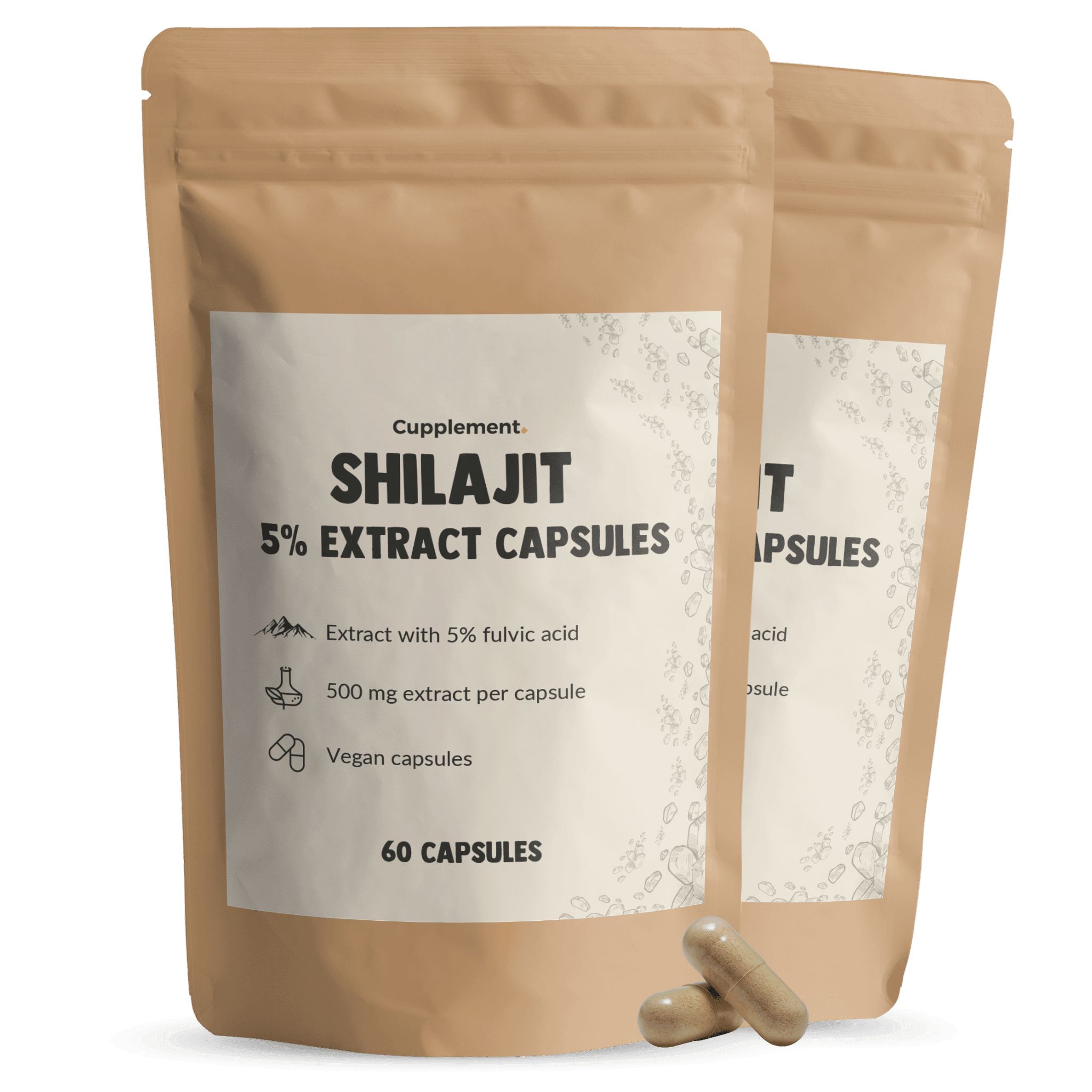 Deux sachets de gélules d'extrait de shilajit. Inscription : 5% extrait, 60 gélules. Gélules brunes à côté.