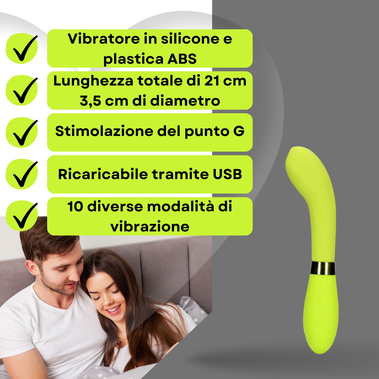 Groene vibrator, tekst: Siliconen en ABS, G-spot stimulatie. Koppel in bed.