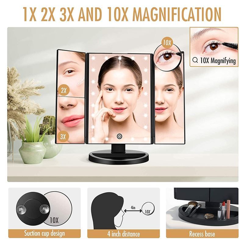 Miroir pliable avec éclairage LED. Triple, avec grossissement 1x, 2x, 3x et 10x. Socle noir. Avec accessoires.