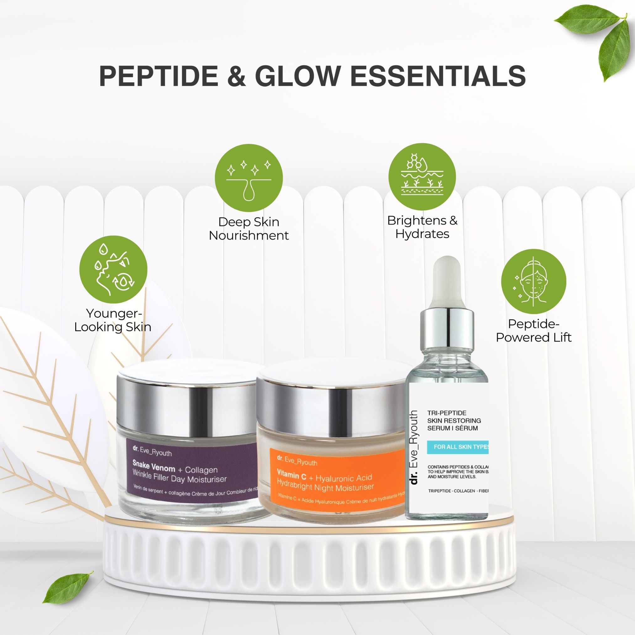 Drie cosmetische producten op een sokkel. Twee crèmepotten, een serumflesje. Opschrift: Dr. Eve_Ryouth, Peptide & Glow Essentials.