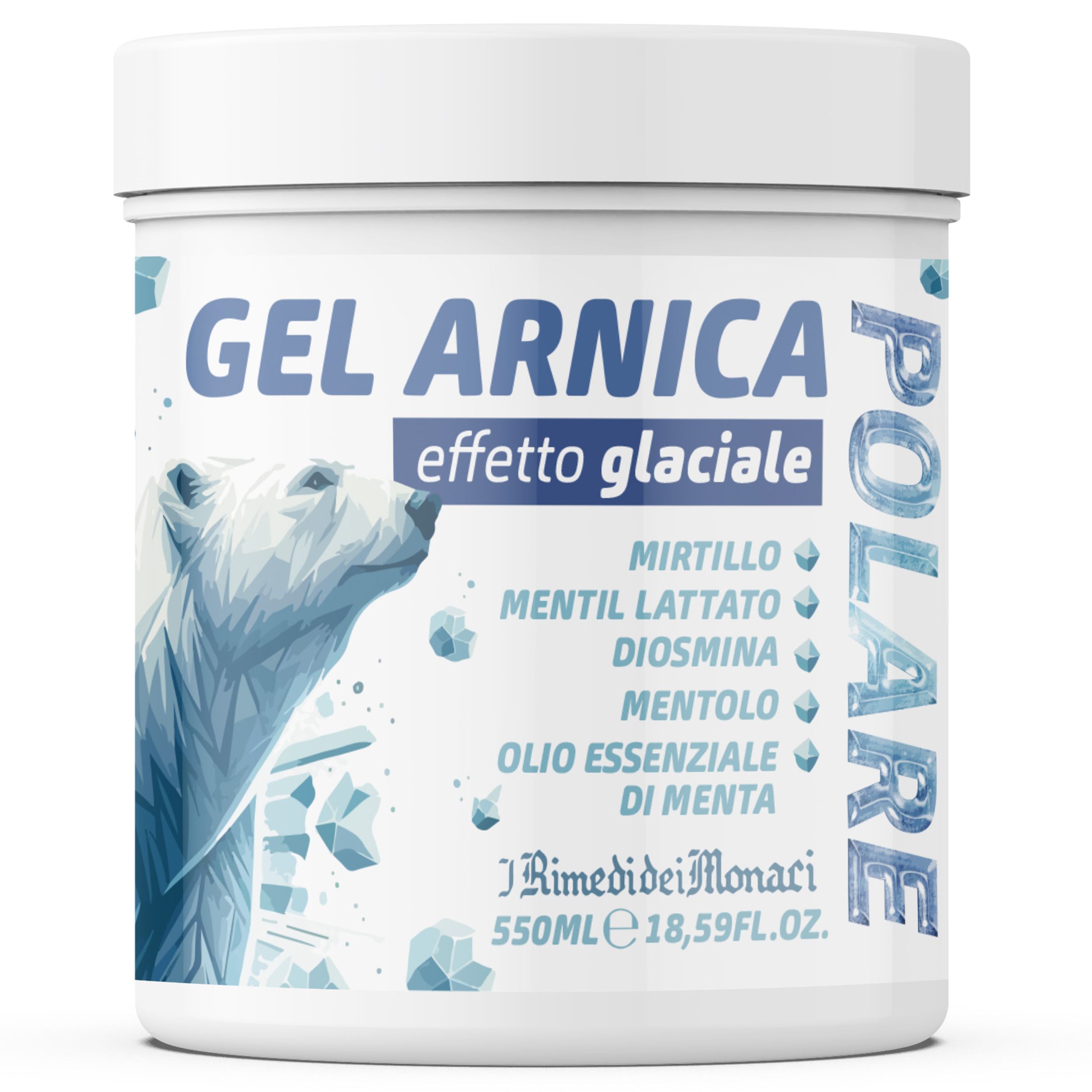 Witte productpot met tekst en ijsbeer illustratie. Tekst: Gel Arnica, effetto glaciale, POLARE. Ingrediënten. Volume: 550ml, 18,59FL.OZ.
