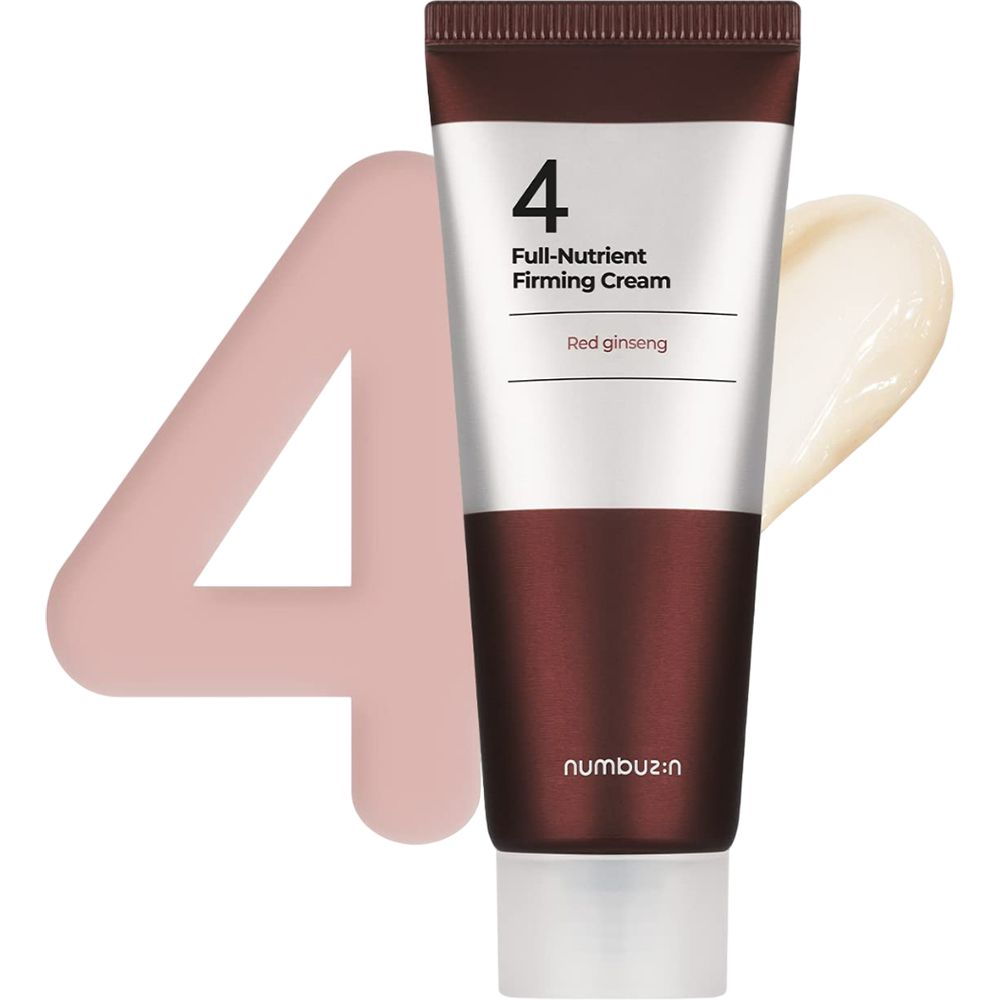 Tube de crème marron et argenté. Inscription : 4, Full-Nutrient Firming Cream, Red ginseng. Marque : numbuz:in. Crème à côté.