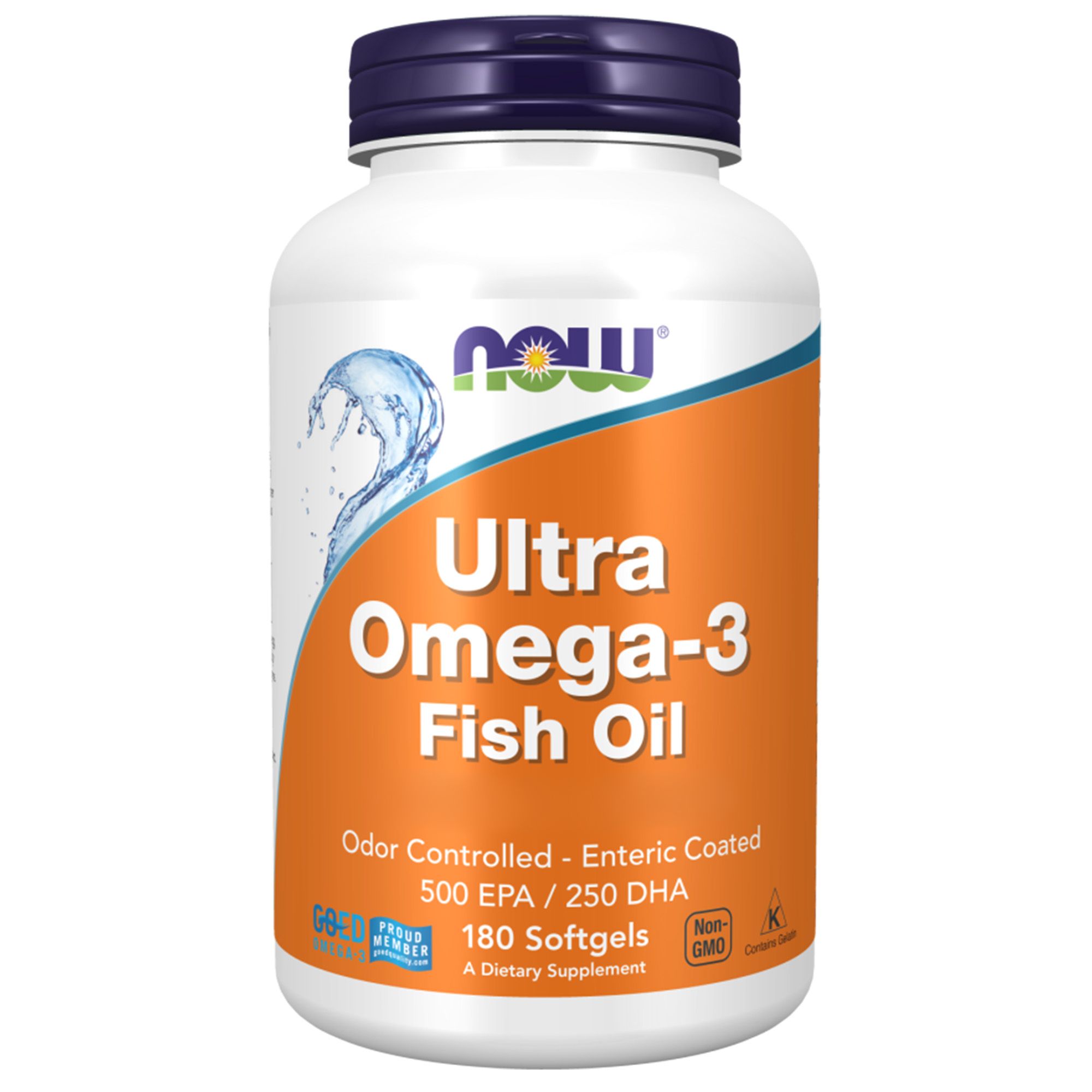 Flacon blanc, bouchon bleu. Inscription: Ultra Omega-3 Fish Oil, 500 EPA/250 DHA. 180 gélules. Marque: Now Foods.