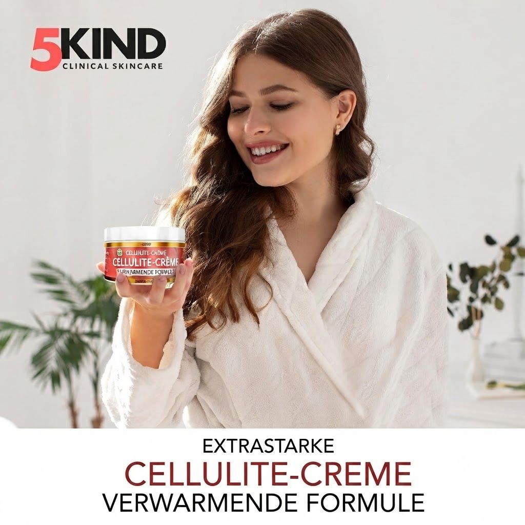 Vrouw houdt een potje cellulite crème vast met opschrift '5KIND CLINICAL SKINCARE'.