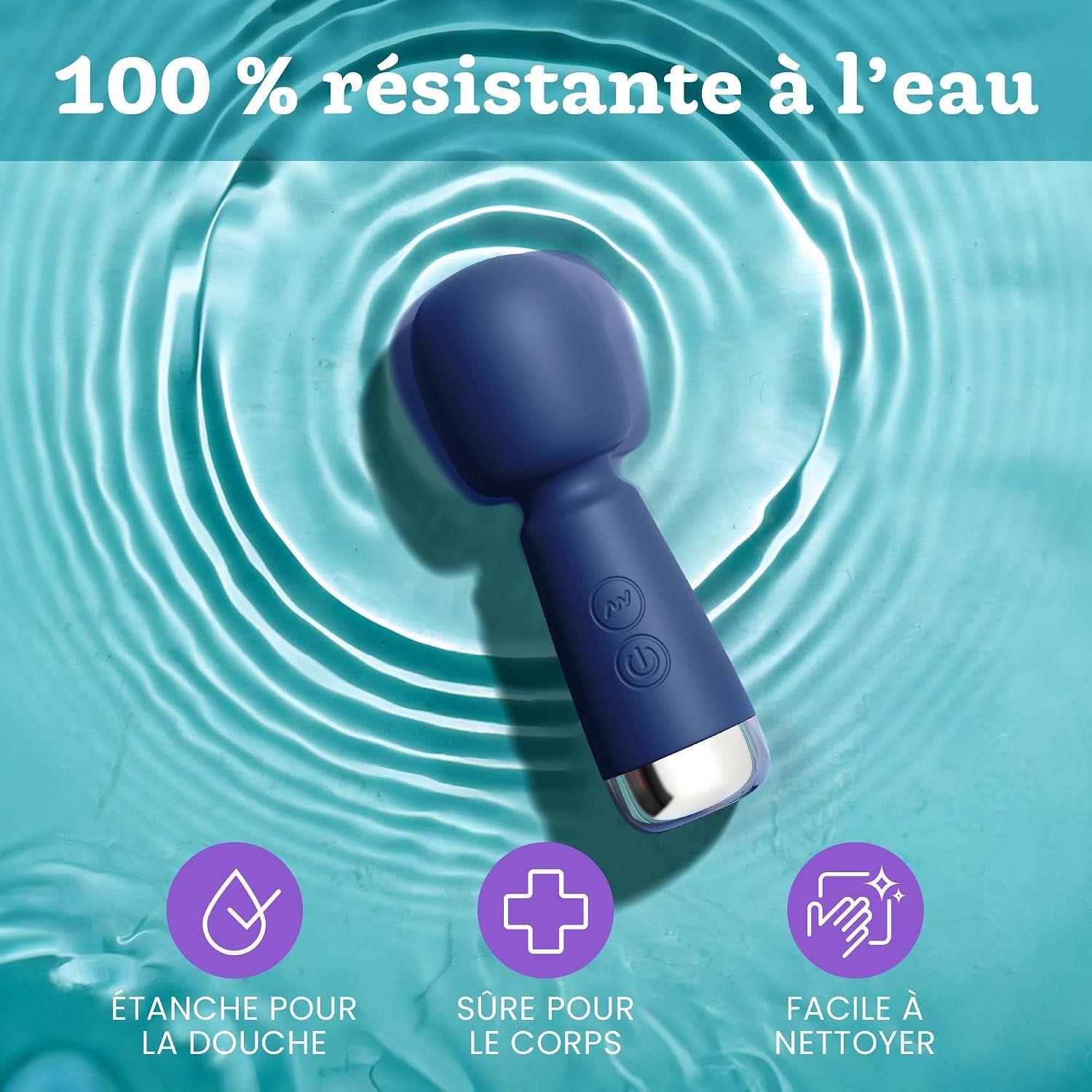 Vibrateur bleu marine avec accent argenté, résistant à l'eau.