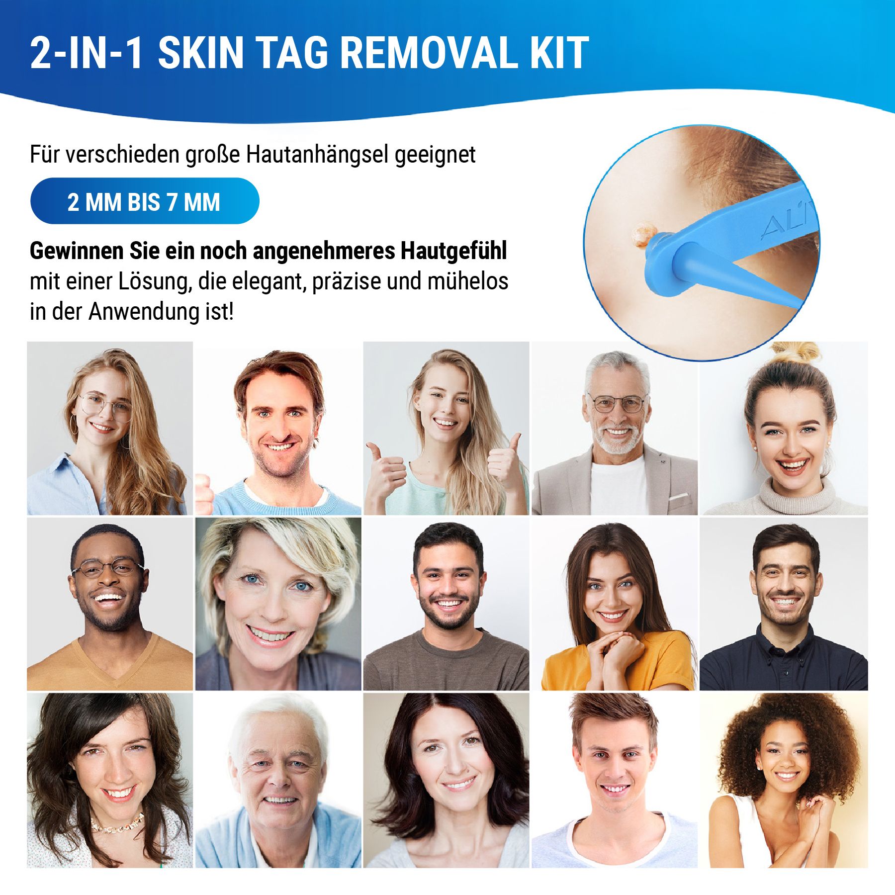 Photo publicitaire avec des visages. Montre un produit pour l'élimination des étiquettes de peau. Convient aux étiquettes de peau de 2 mm à 7 mm.
