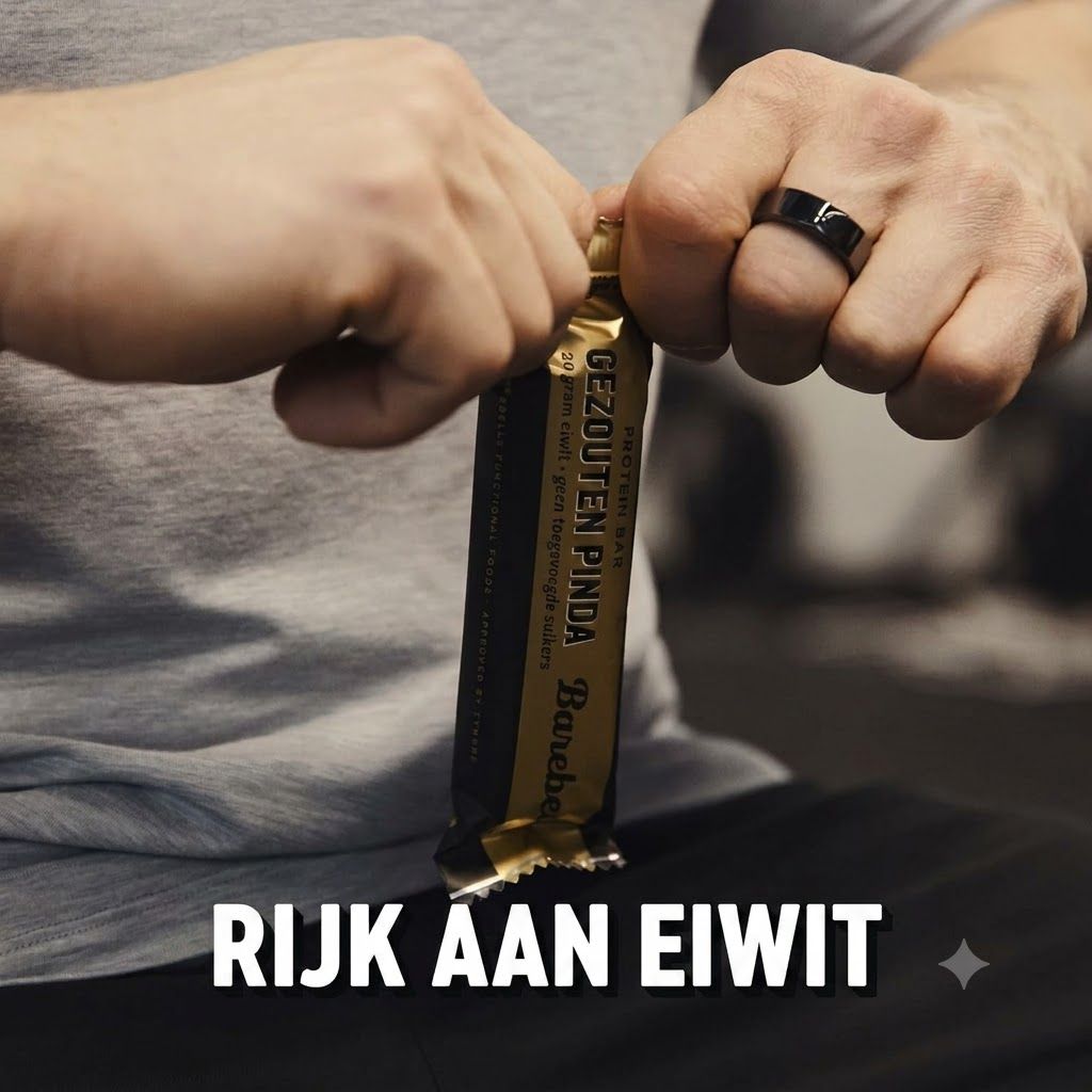 Handen openen een Barebells "Gezouten Pinda" eiwitbar. Tekst: "Rijk aan eiwit".