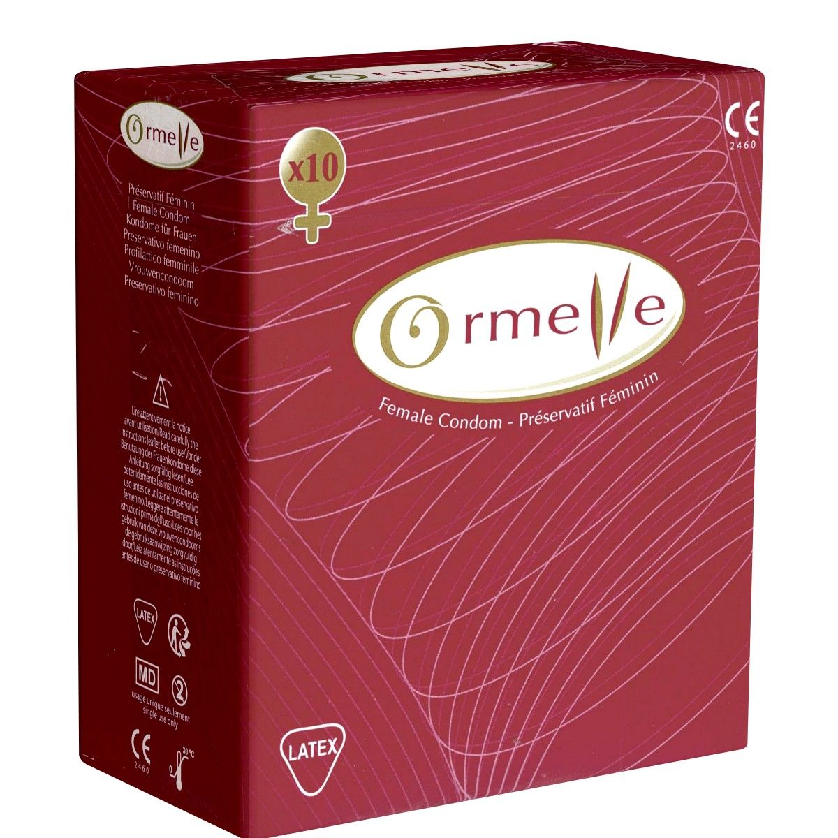 Boîte de préservatifs féminins Ormelle. Rouge avec logo et mentions "Female Condom - Préservatif Féminin". Contient 10 unités.