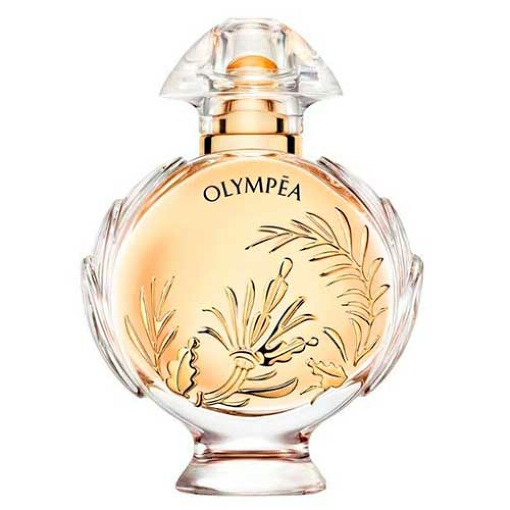 Olympéa Solar fles. Rond, goudkleurig glas met gouden versieringen. Transparante dop.