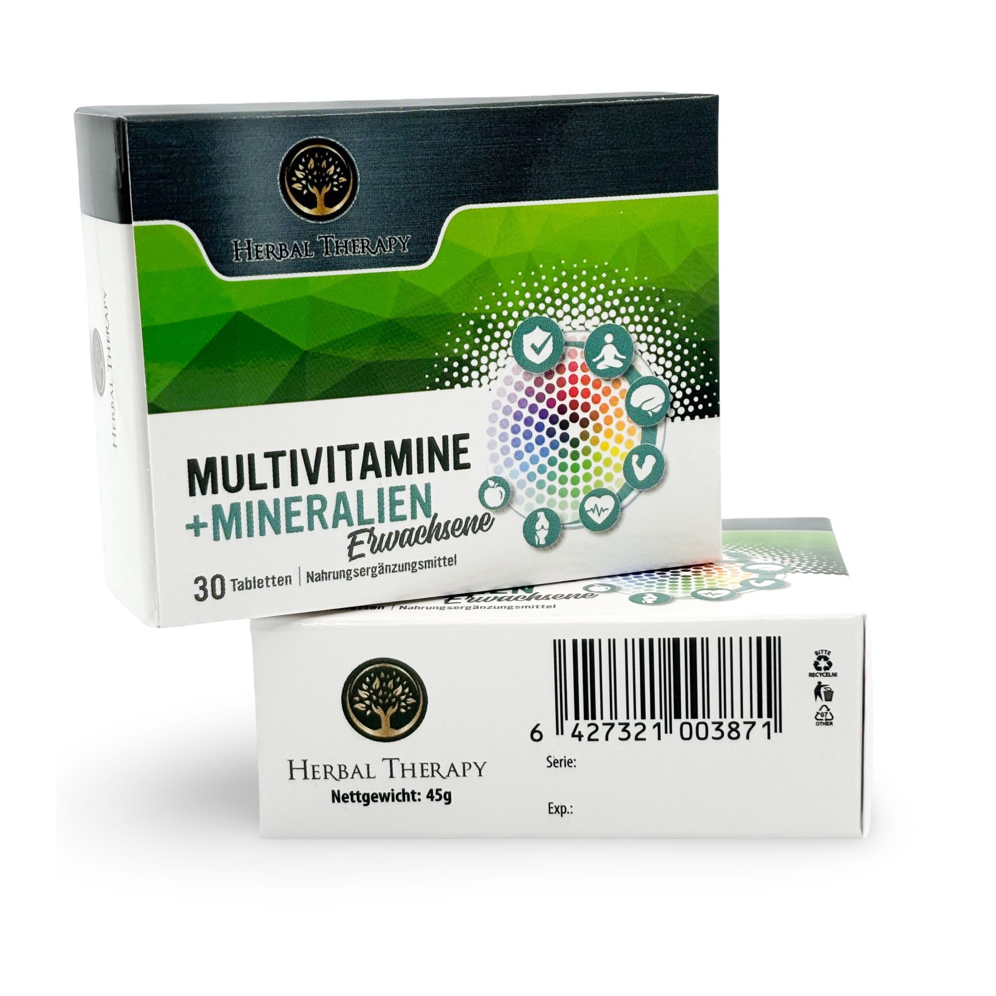 Twee "Herbal Therapy" verpakkingen. Eén staat, één ligt. Productnaam en logo zichtbaar. Nettogewicht: 45g.