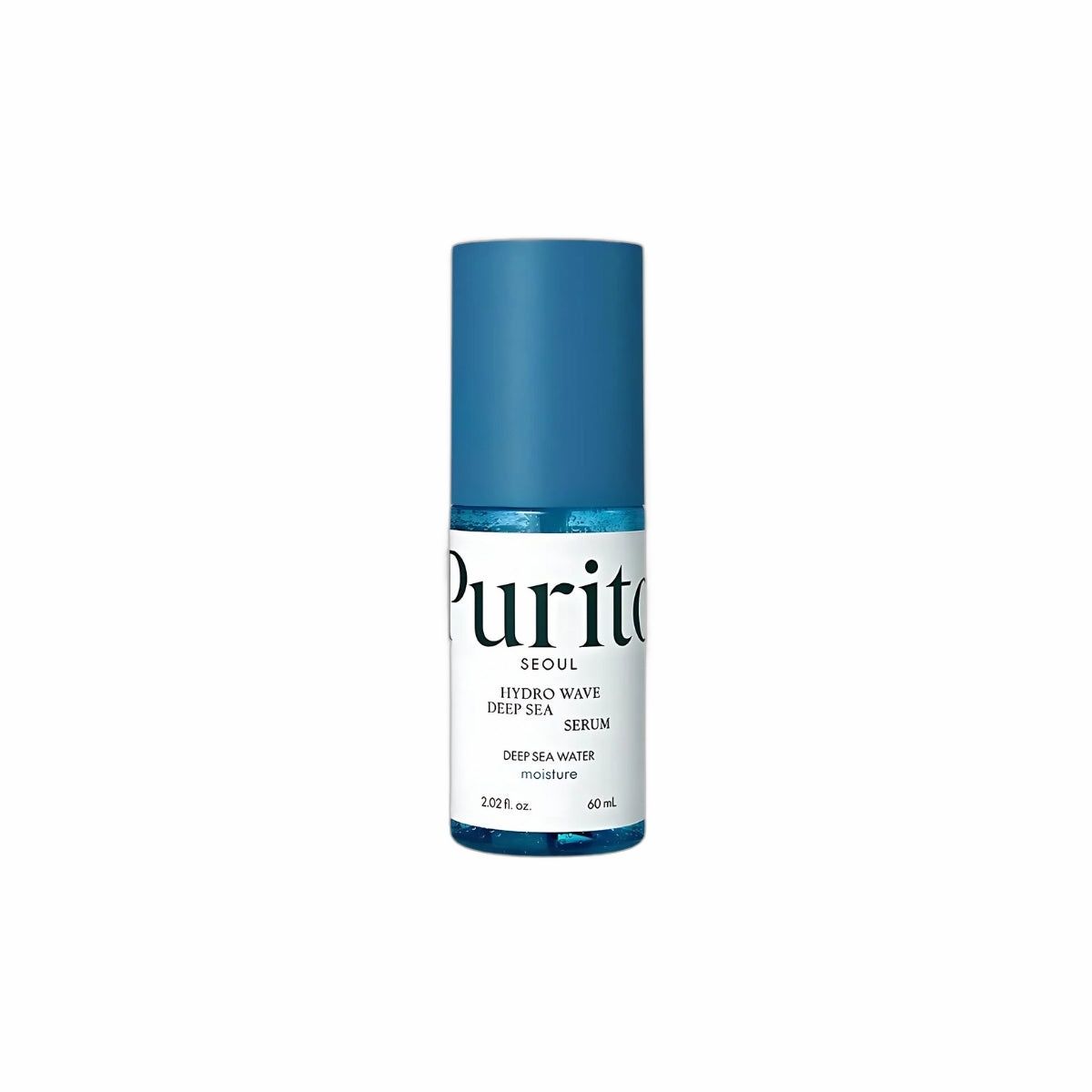 Blauw-witte fles met blauwe dop. Opschrift: PURITO, Hydro Wave Deep Sea Serum. 60 ml.