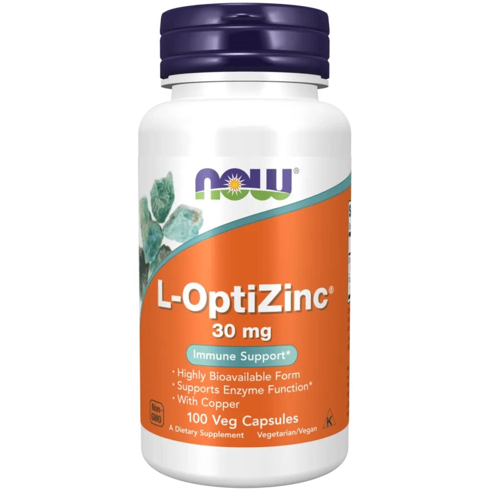 Witte fles met blauwe dop. Opschrift: L-OptiZinc 30 mg, Immune Support, 100 Veg Capsules. Merk: NOW.