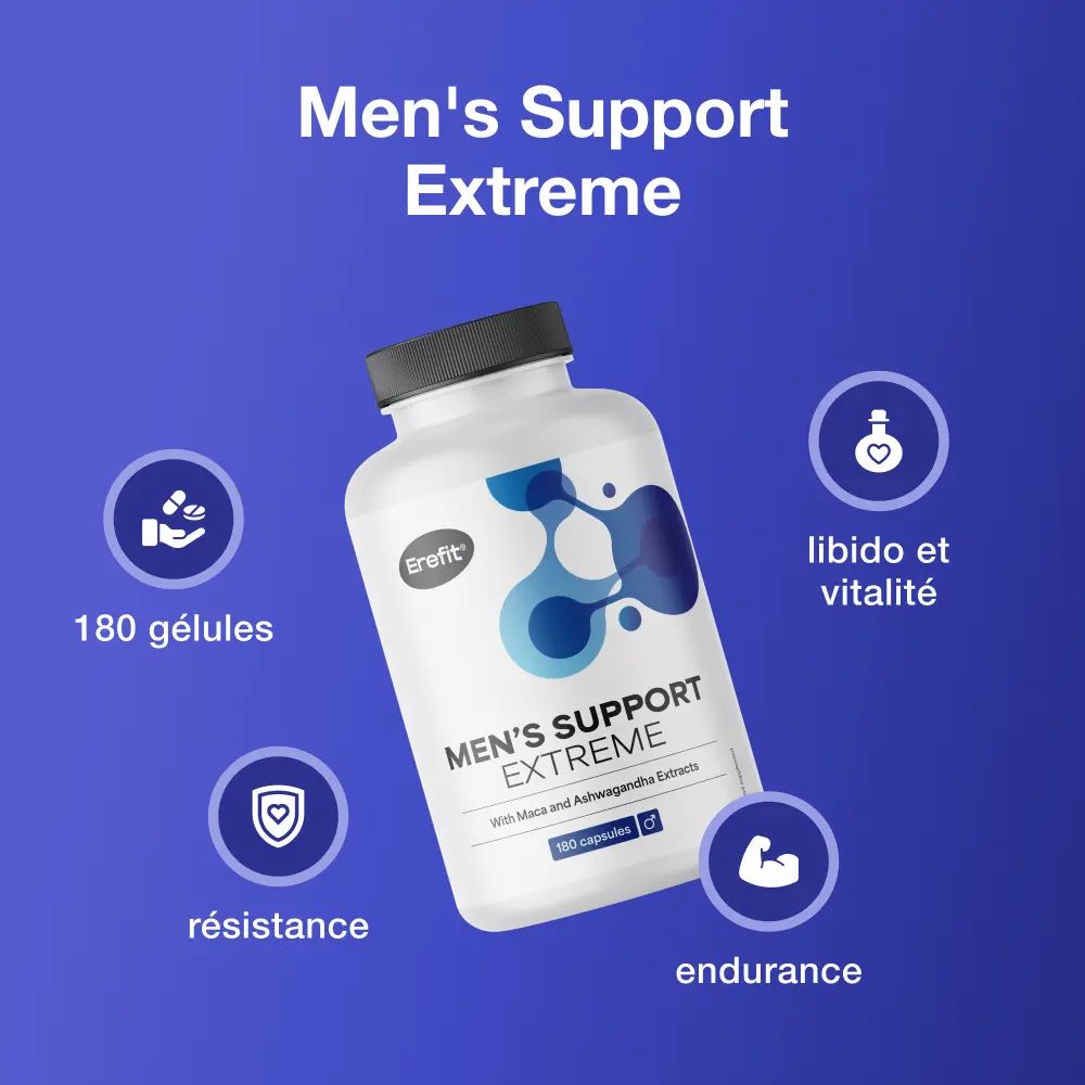 Flacon Men's Support Extreme. 180 gélules. Symboles: résistance, libido, endurance.