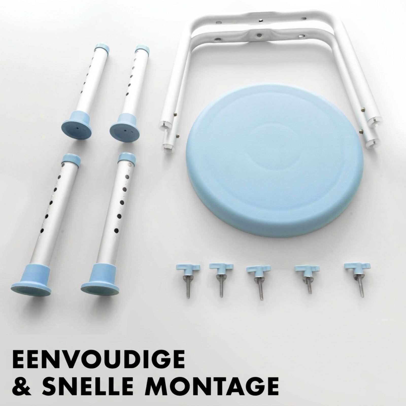 Douchekruk componenten: zitting, poten, schroeven. Eenvoudige en snelle montage.