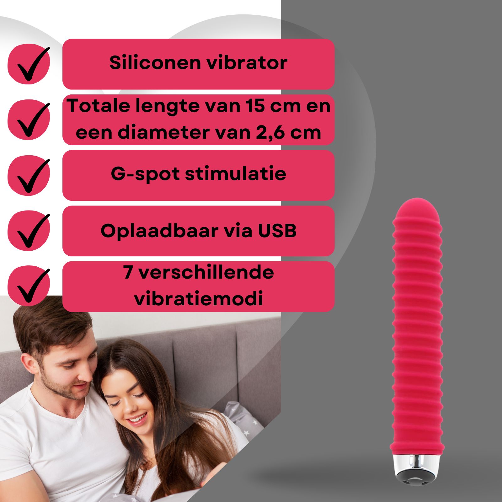 Rode vibrator met groeven. Tekst: Siliconen vibrator, 15cm lang, 2,6cm diameter, G-spot stimulatie.