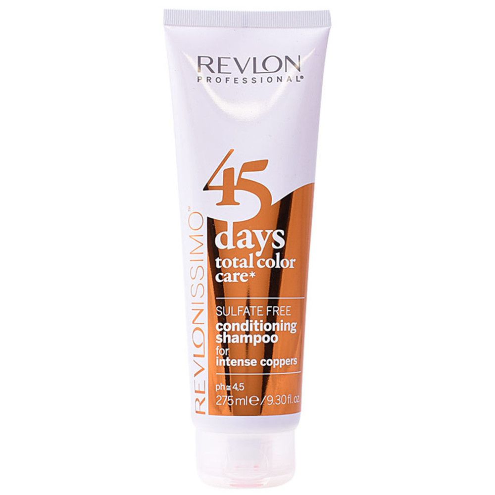 Tube blanc avec accent orange. Contient '45 days total color care' et 'Sulfate free conditioning shampoo for intense coppers'.