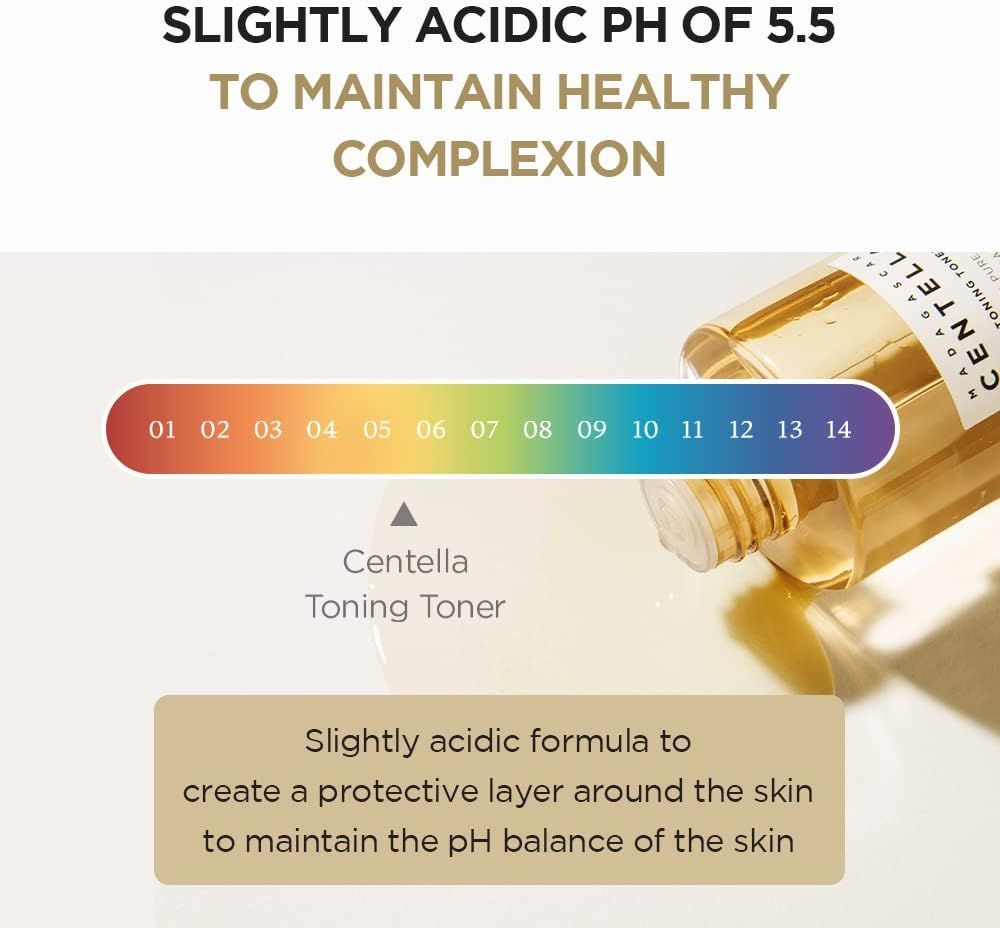Échelle de pH avec produit. Produit : Centella Toning Toner. Texte : formule légèrement acide pour protection et équilibre du pH.