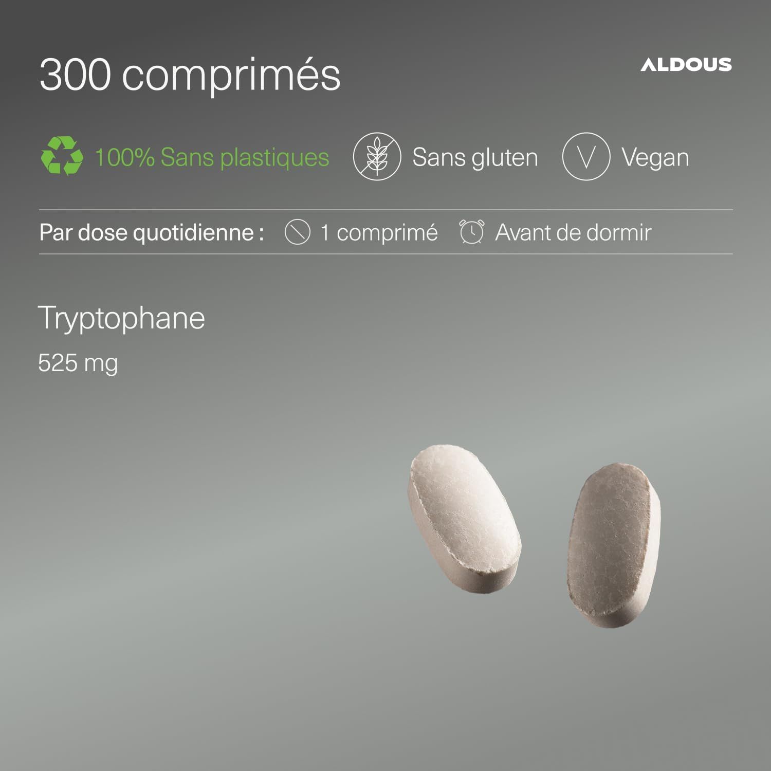 Deux comprimés ovales, beige clair, 525 mg de tryptophane chacun. "300 comprimés", "Sans gluten", "Vegan" visibles.