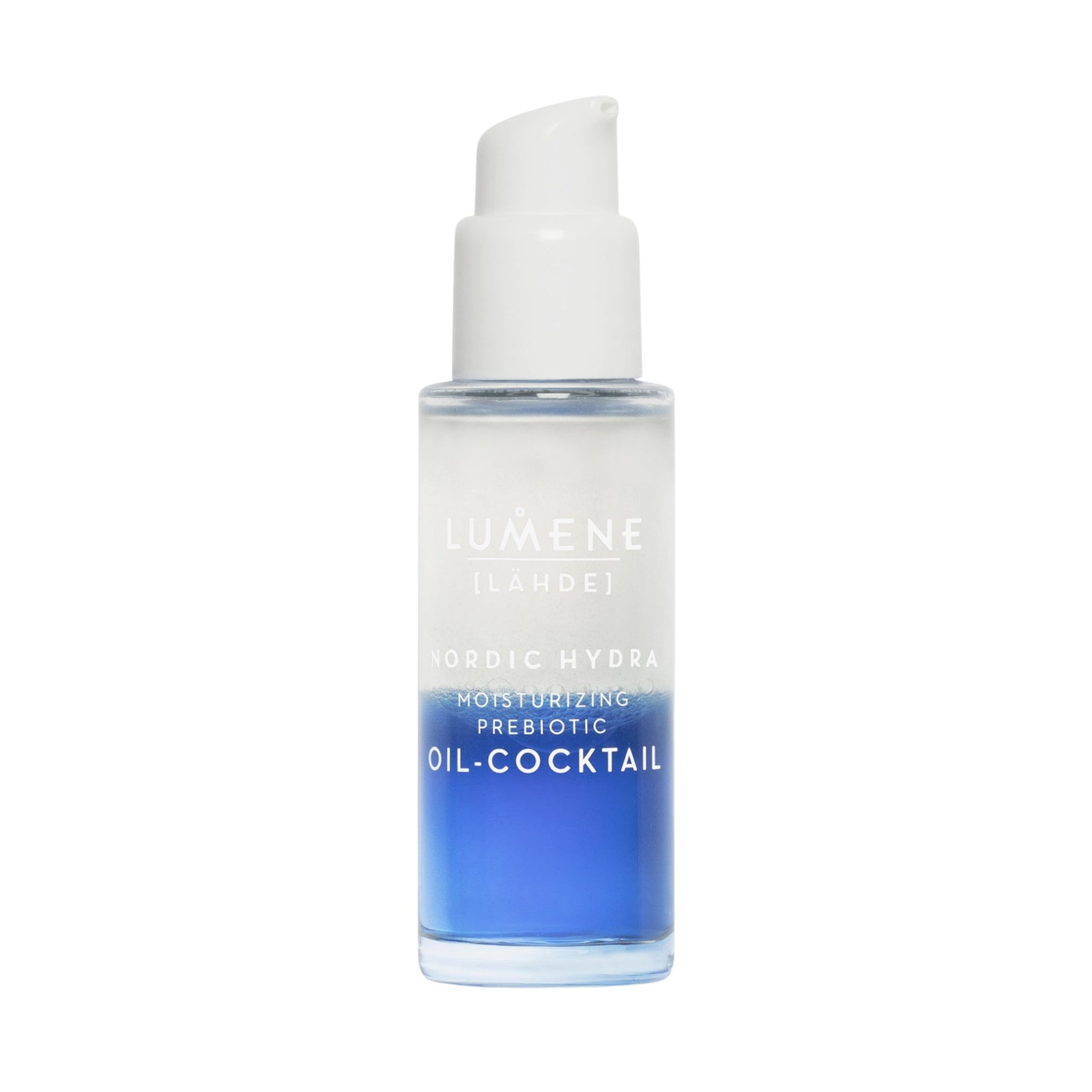 Flacon transparent avec pompe blanche. Liquide bleu en bas, liquide transparent en haut. Nom du produit et marque visibles.