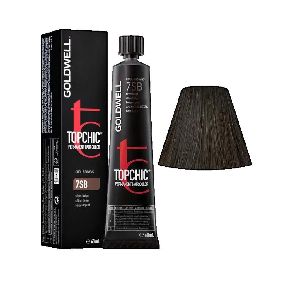 Goldwell Topchic coloration, tube et emballage. Teinte 7SB. Échantillon de couleur triangulaire.