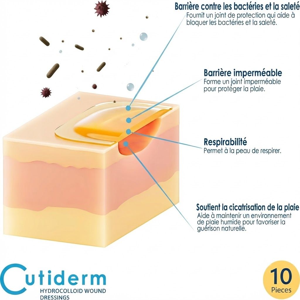 Coupe transversale d'une plaie avec pansement hydrocolloïde. Montre les barrières contre les bactéries et les saletés, l'imperméabilité et la respirabilité.