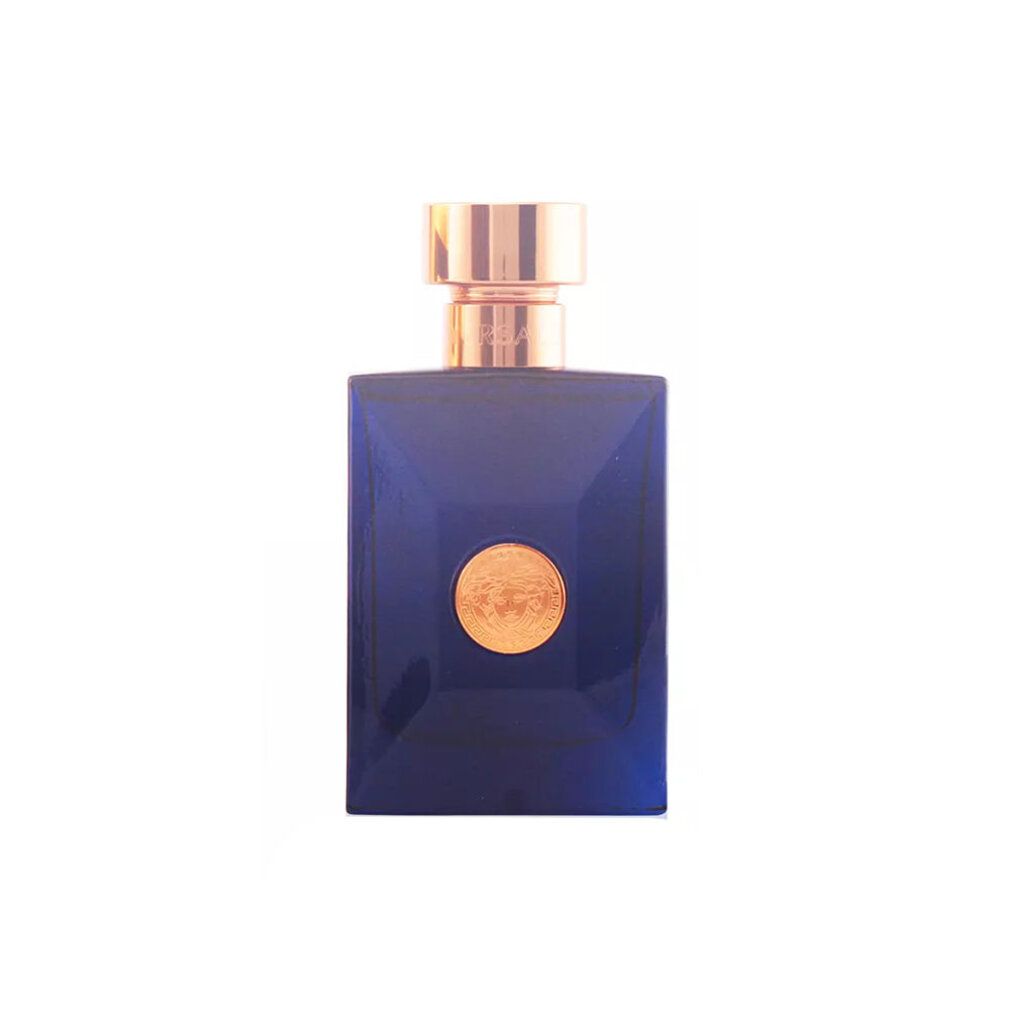 Flacon bleu avec bouchon doré et logo Méduse. Forme carrée. Eau de Toilette.