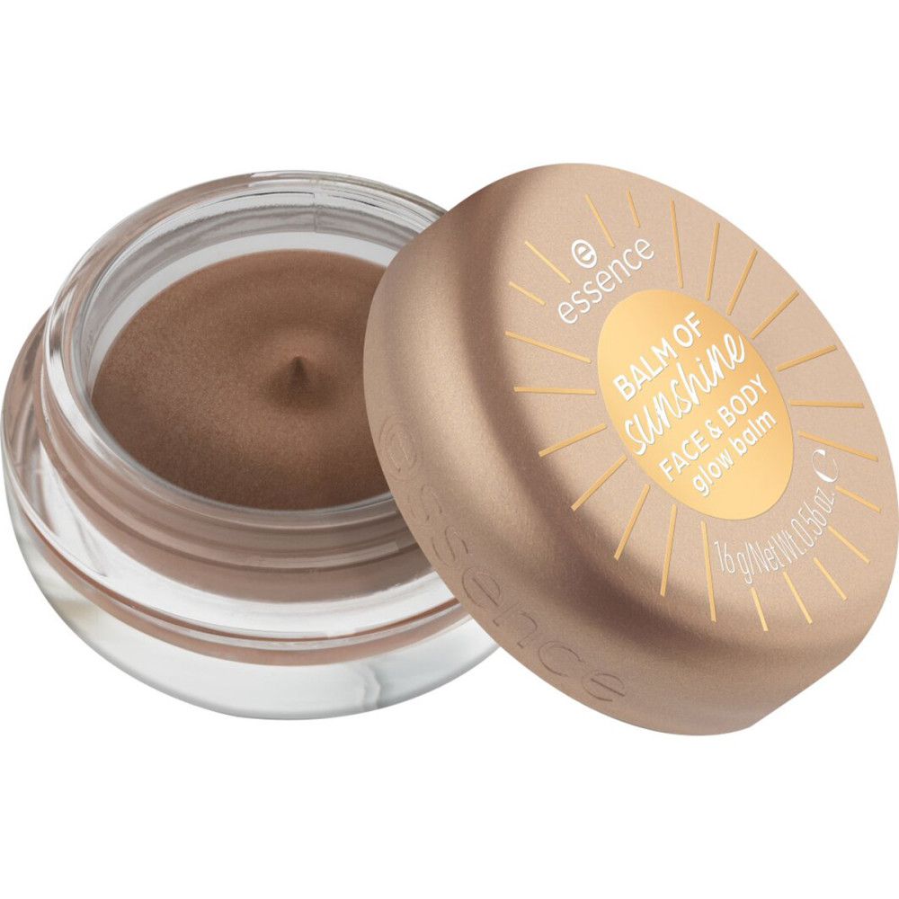 Pot de baume brun. Couvercle avec texte 'Balm of Sunshine' et 'Face & Body Glow Balm'. Marque : Essence.